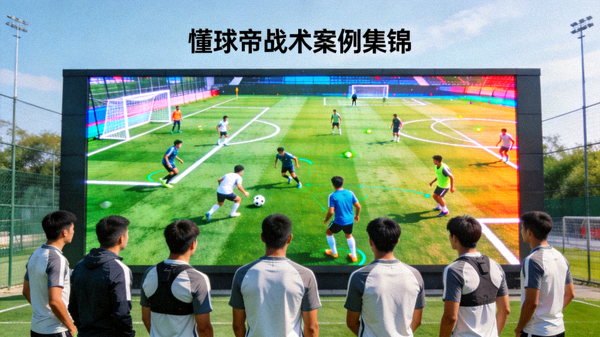 现代化训练场上，球员通过大屏幕观看懂球帝集锦中的战术案例，随后进行针对性演练