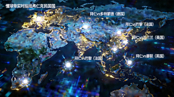 全球地图上闪烁光点，表示懂球帝实时捕捉拜仁慕尼黑在全球各地比赛的精彩瞬间