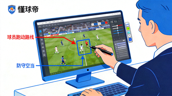 教练在数字化平台上标注懂球帝视频中的关键细节，如球员跑动路线和防守空当