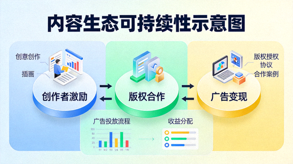 内容生态可持续性示意图，展示创作者激励、版权合作与广告变现的平衡