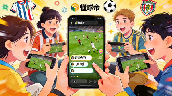 年轻球迷在懂球帝平台观看视频并参与社区互动的活力场景