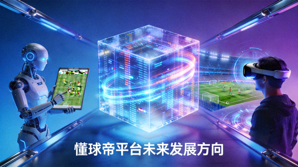 未来技术概念图，包含AI、VR、实时数据等元素，预示懂球帝平台的发展方向