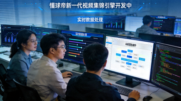 懂球帝技术团队正在开发新一代视频集锦引擎，界面显示实时数据处理与AI标签生成