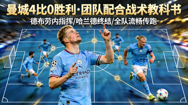 曼城4比0胜利的团队配合战术教科书集锦封面，展示德布劳内指挥、哈兰德终结与全队流畅传跑配合