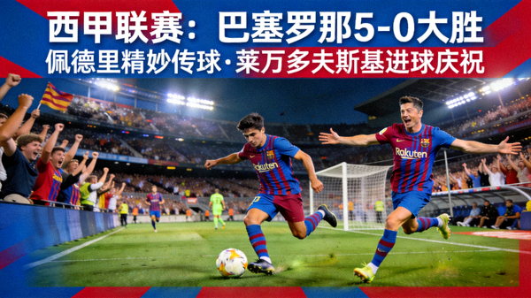 西甲联赛巴塞罗那5比0大胜对手的比赛集锦封面，展示佩德里精妙传球与莱万多夫斯基庆祝进球的瞬间
