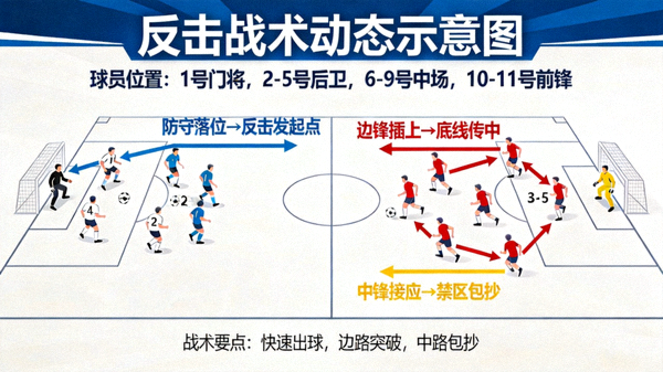 反击战术动态示意图，展示从防守到进攻的球员跑位路线图