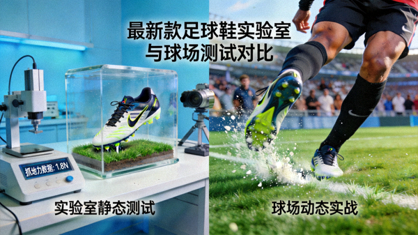 最新款足球鞋在实验室与球场测试对比图，包含球员使用瞬间
