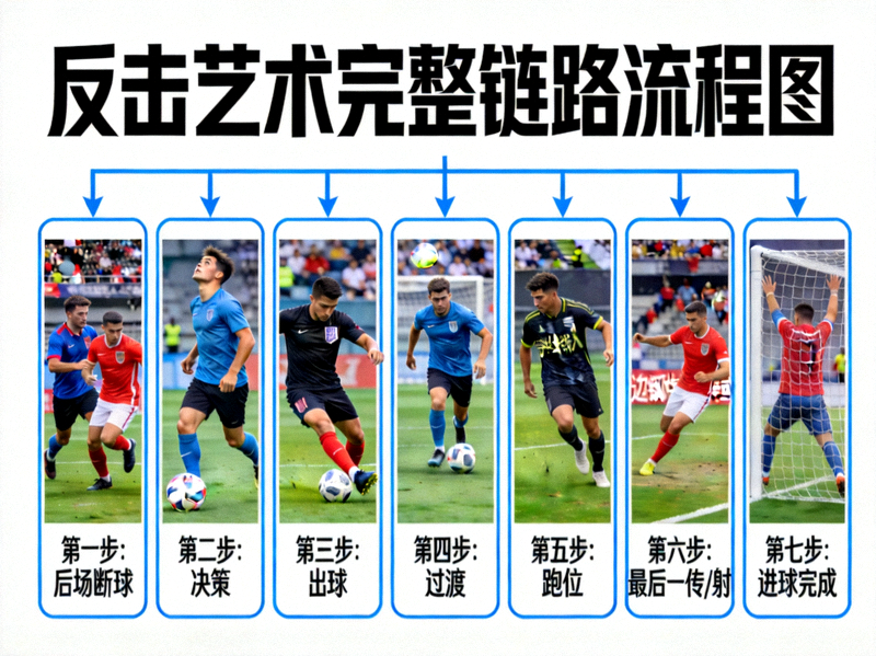 反击艺术完整链路流程图：从后场断球开始，经过决策、出球、过渡、跑位、最后一传/射，最终到进球完成的完整步骤可视化图表