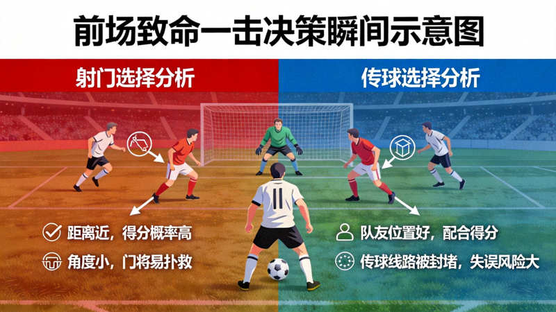前场致命一击决策瞬间示意图：展示持球球员面对门将与防守队员时，射门与传球两种选择的利弊分析