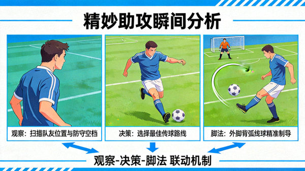 精妙助攻瞬间的分析，展示传球者观察、决策与脚法运用的结合