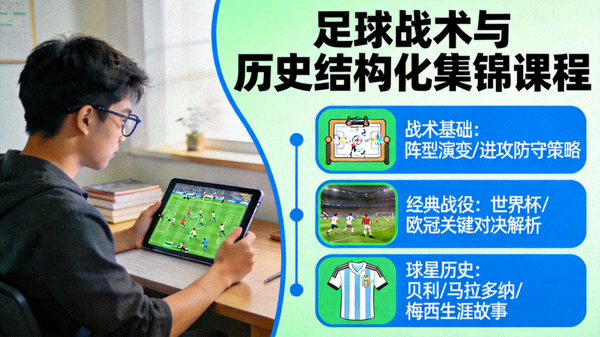 年轻球迷通过结构化集锦课程学习足球战术和历史的示意图