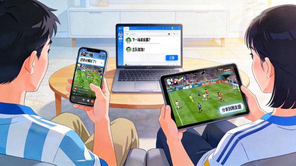 球迷通过手机和平板电脑互动观看足球视频集锦的场景，展示评论、分享和实时讨论功能